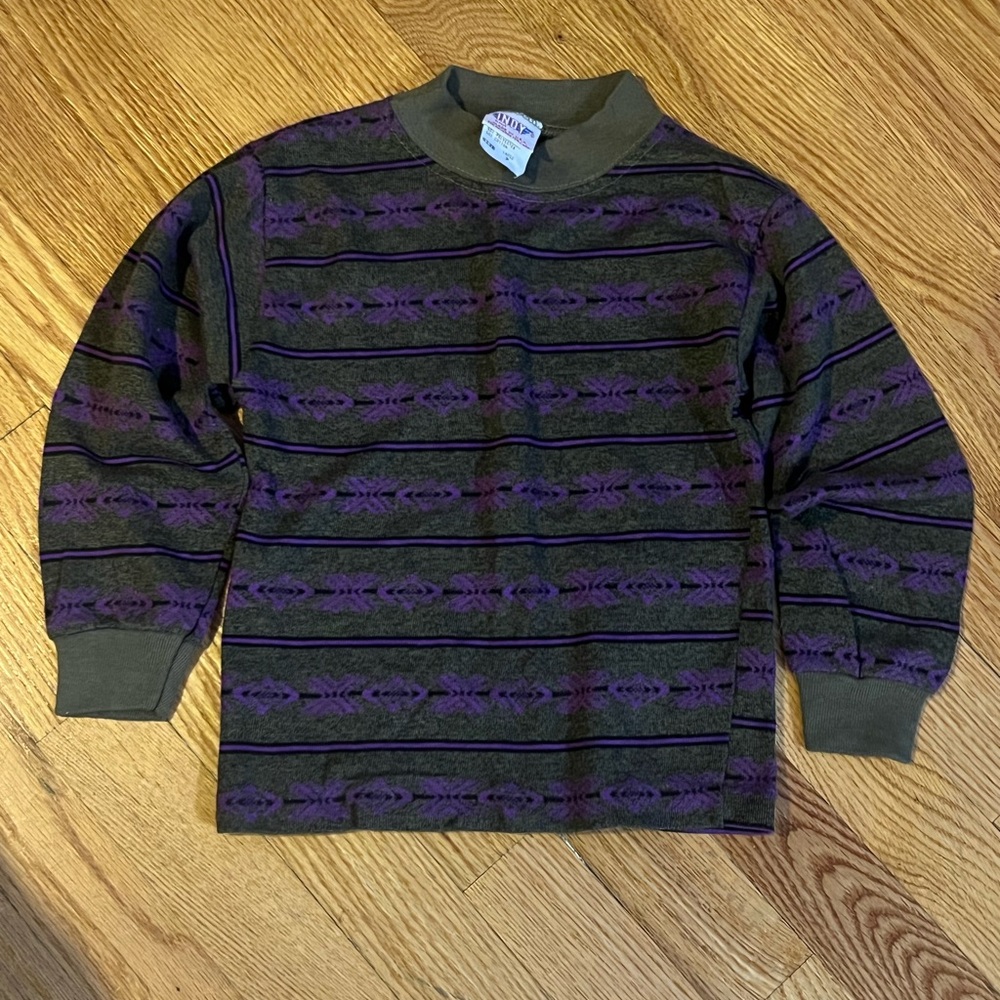 Kids Vintage Indy Mock neck pattern long sleeve shirt - Olive & Purple